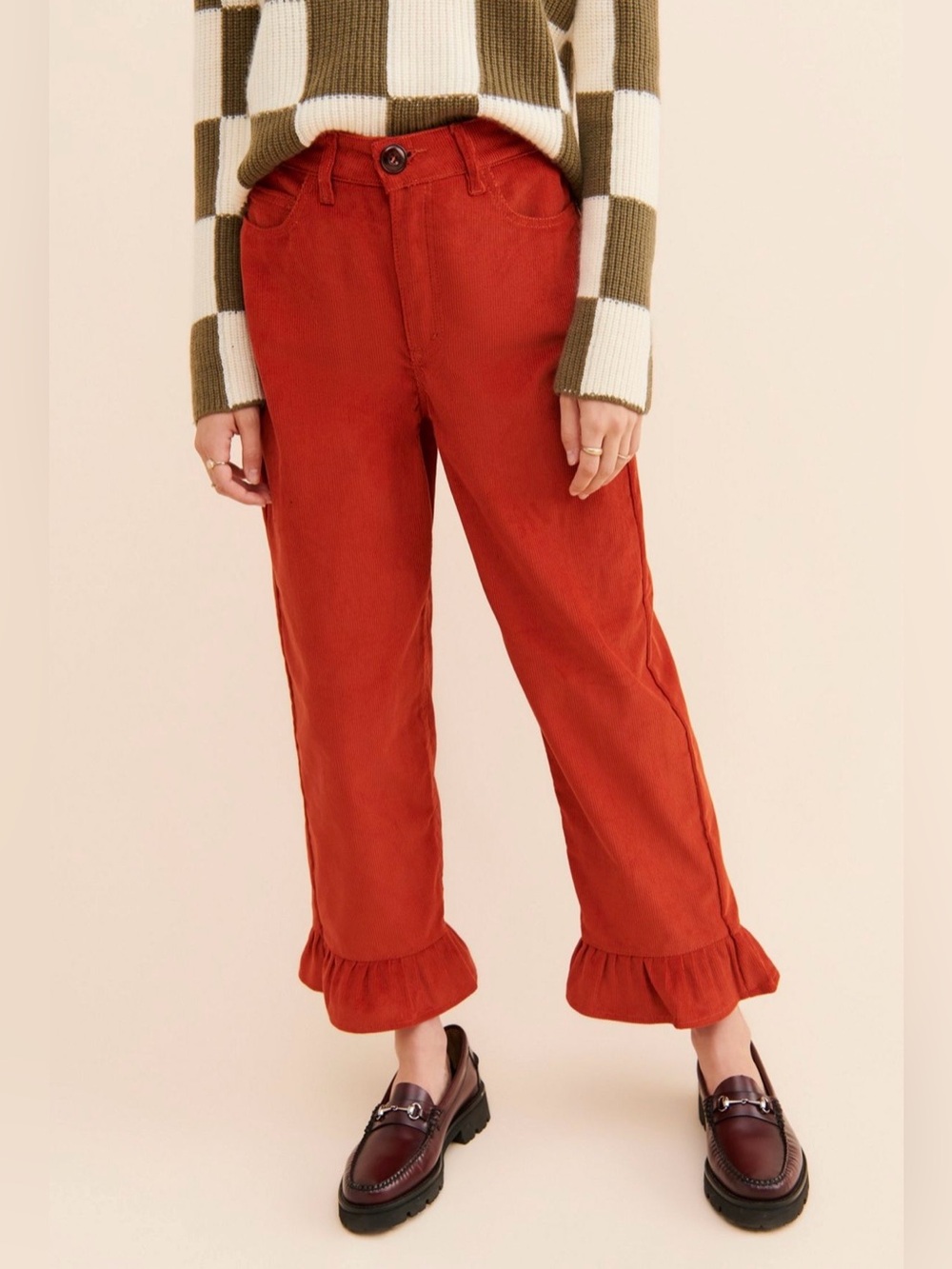 TACH Palma Corduroy Ruffle Hem Jeans Rust Brown Size Medium